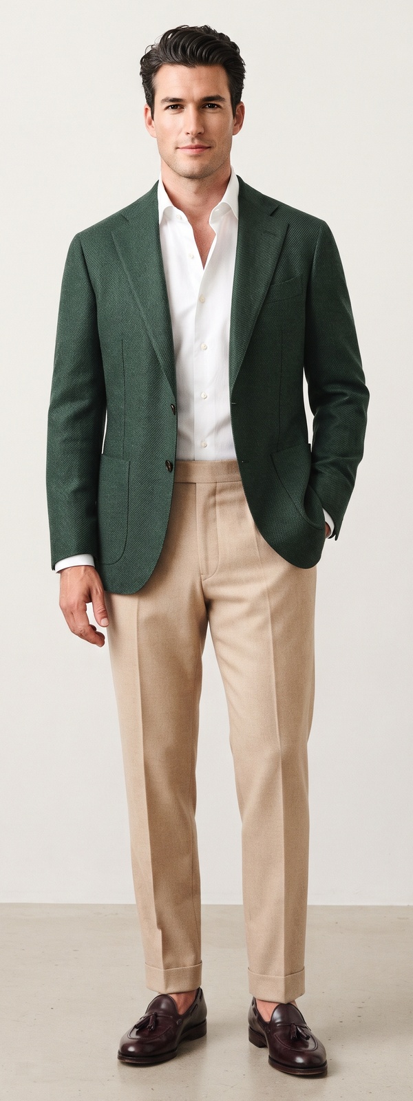 Italian Forest Green Hopsack Blazer White Dress Shirt and Beige Pants Look