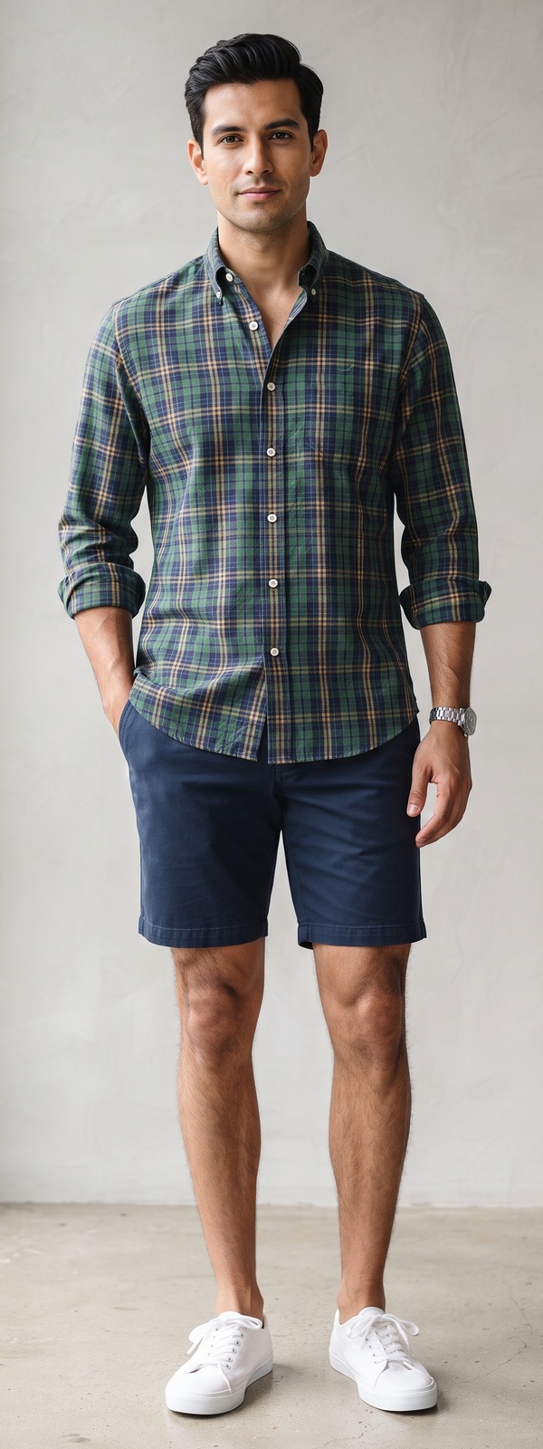 Green and Navy Plaid Button Down Shirt with Navy Shorts and White Sneakers