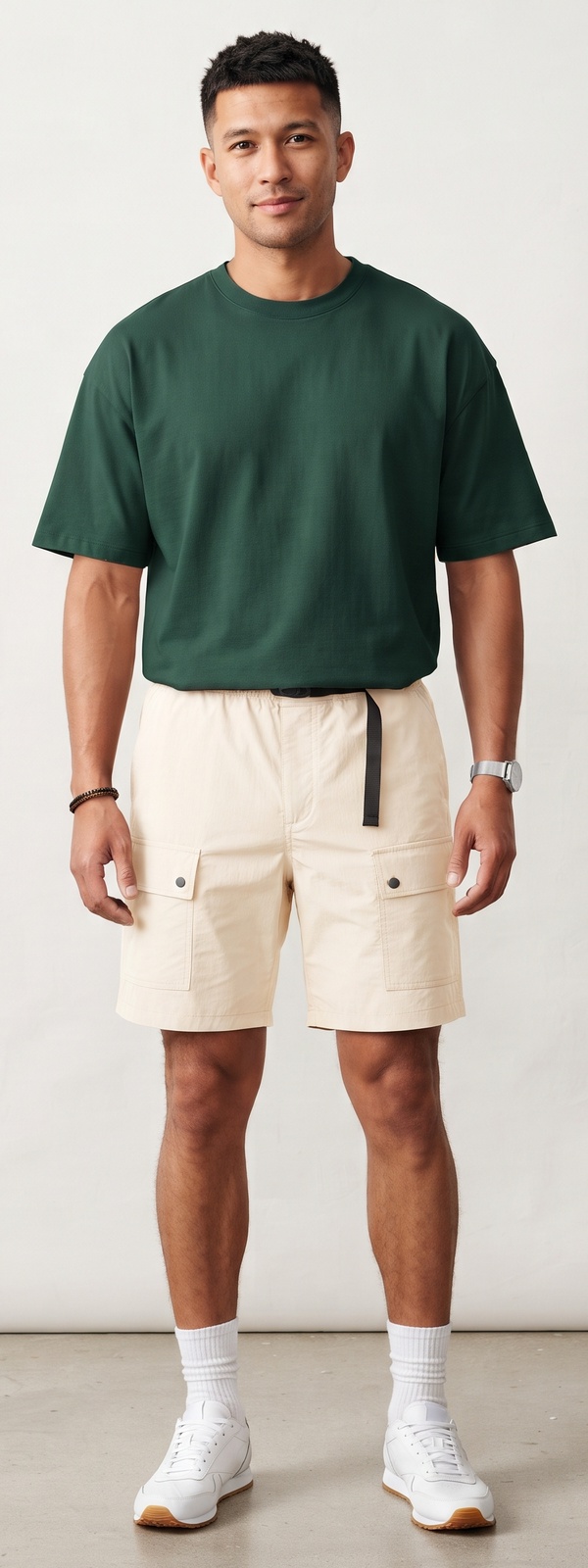 Green Oversized Boxy Tee and Off White Nylon Shorts Look