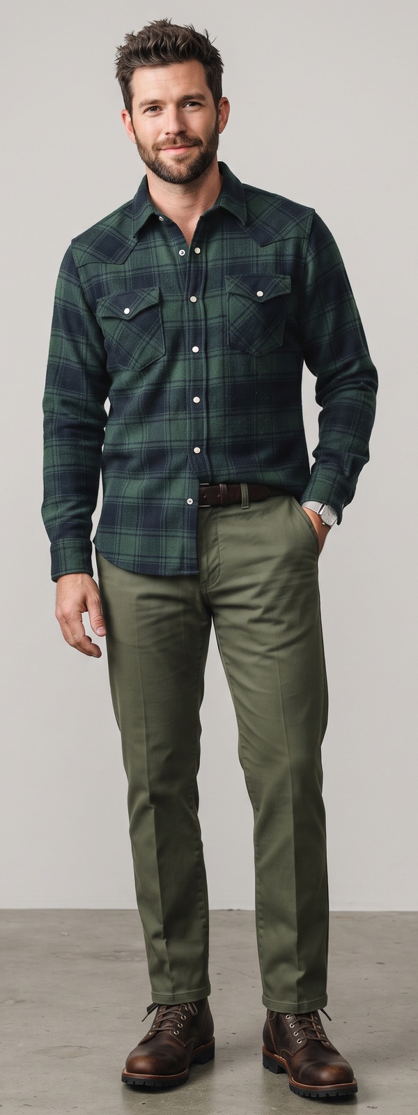 Green Plaid Western Flannel Shirt With Olive Chino Pants and Brown Leather Boots