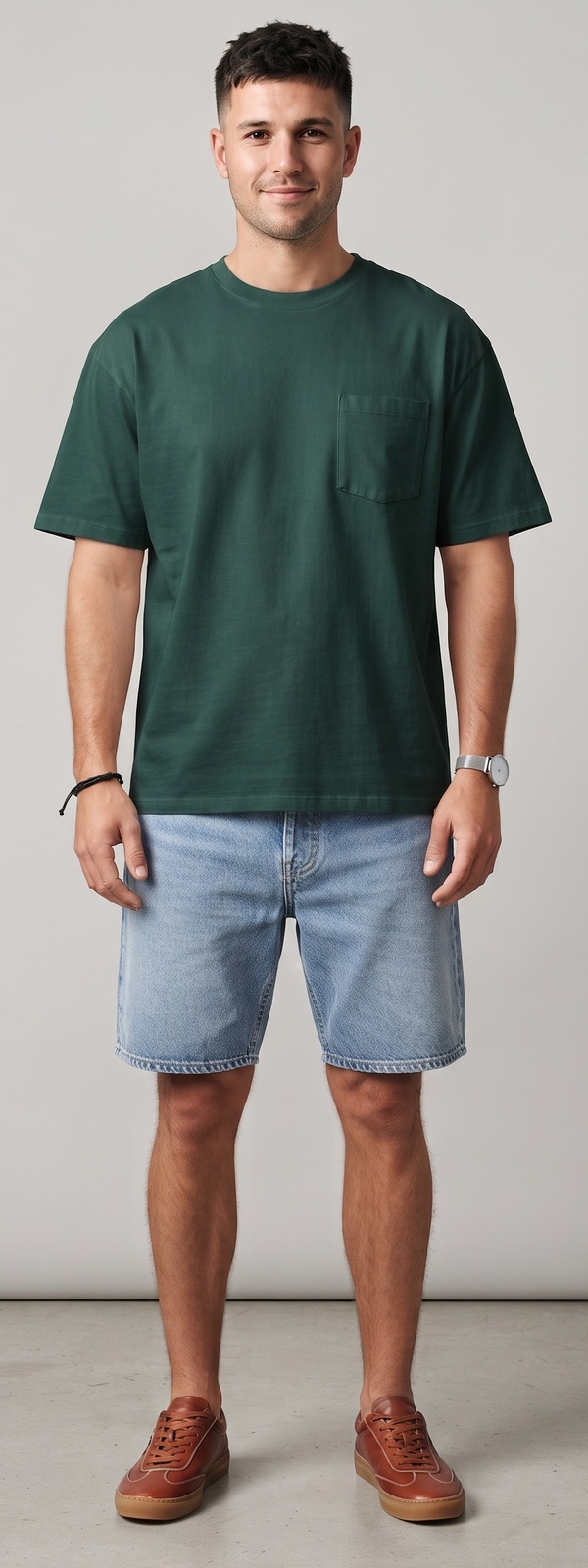 Green Heavyweight Pocket Tee and Light Wash Denim Shorts Look