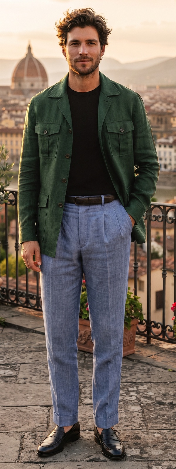 Florentine Sunset Green Linen Safari Jacket and Pleated Pants Look