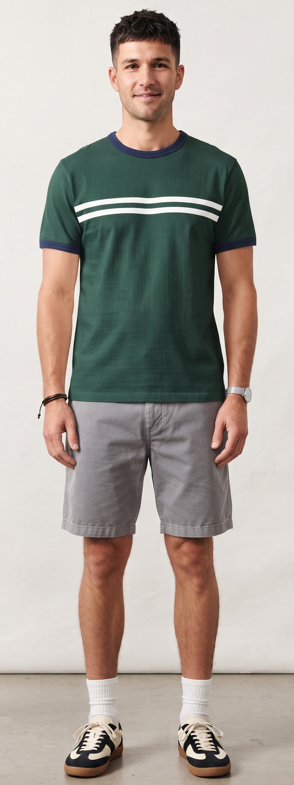 Green Striped Ringer Tee and Grey Canvas Shorts Summer Look
