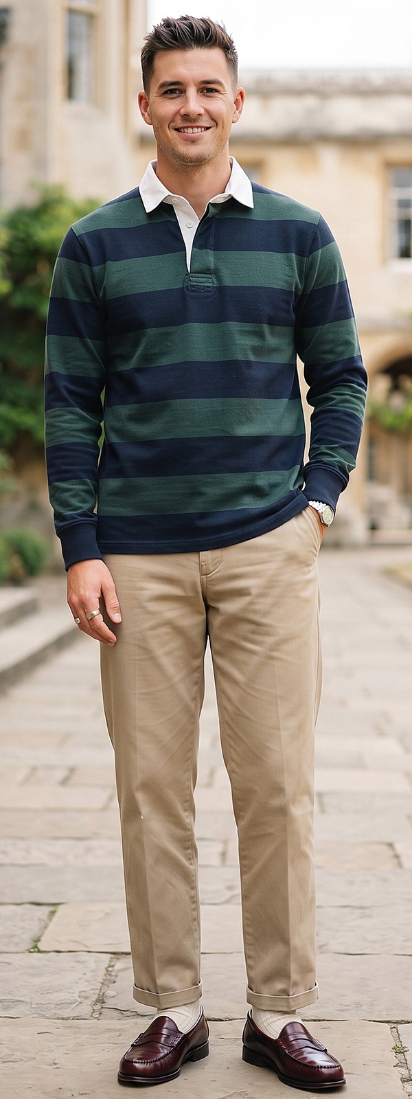 Green Striped Rugby Shirt Tan Pleated Chino Pants and Penny Loafers