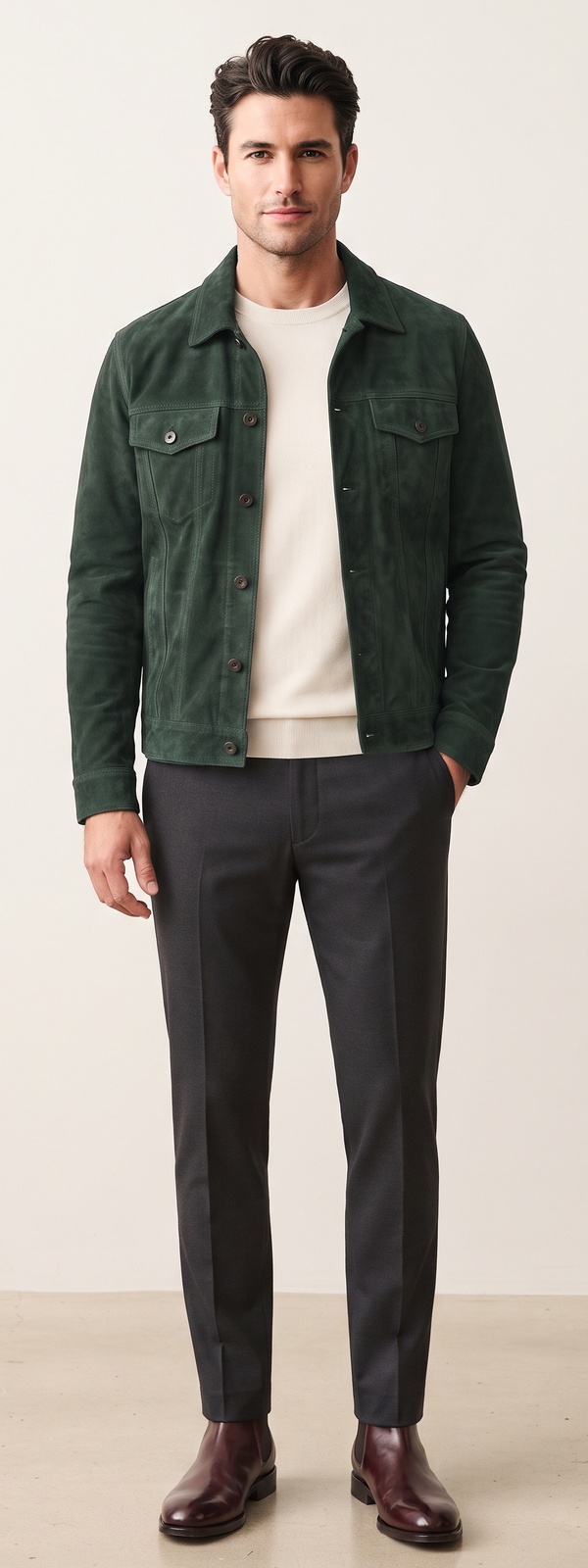 Forest Green Suede Trucker Jacket Cream Knit and Charcoal Dress Pants Look