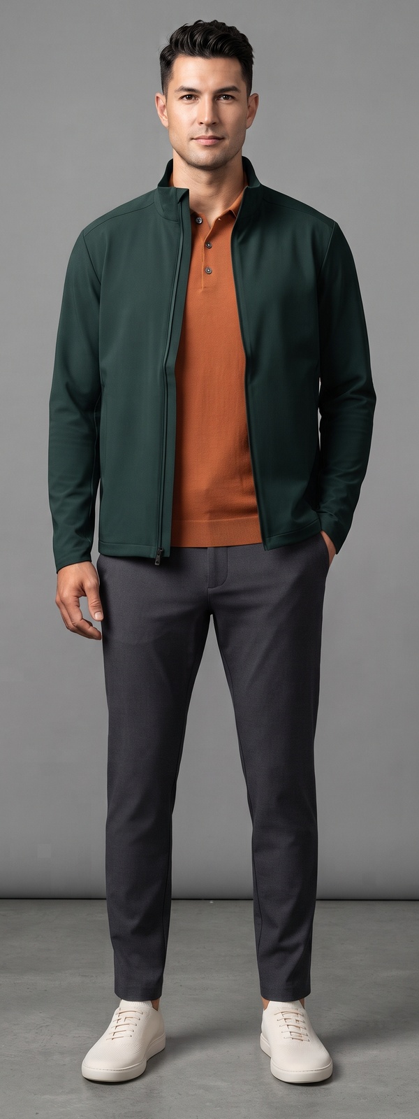 Green Technical Softshell Jacket Rust Knit Polo and Charcoal Pants Look