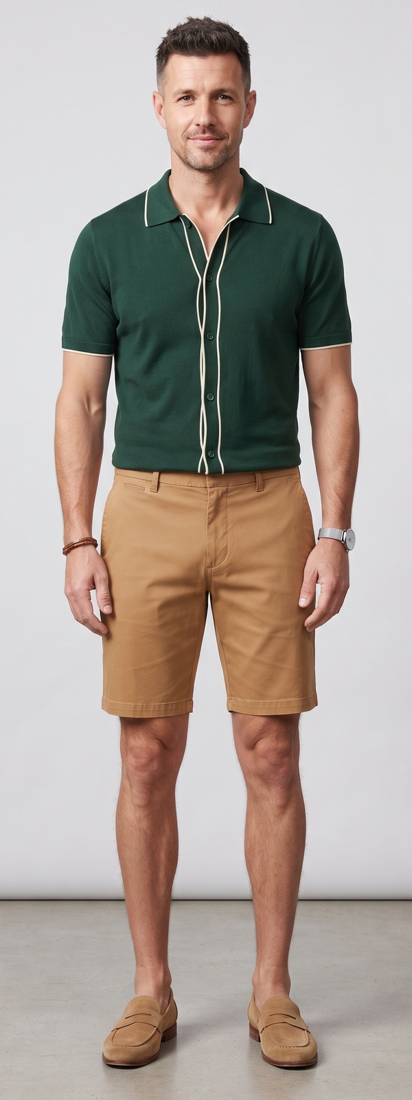 Green Tipped Cardigan Polo and Tan Chino Shorts Summer Look