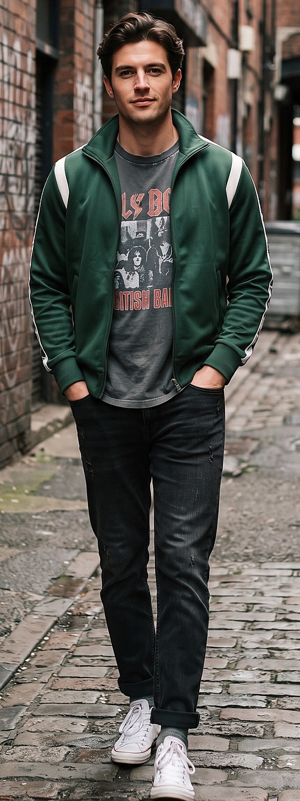 Urban Green Athletic Track Jacket and Vintage Rock Graphic Tee Look