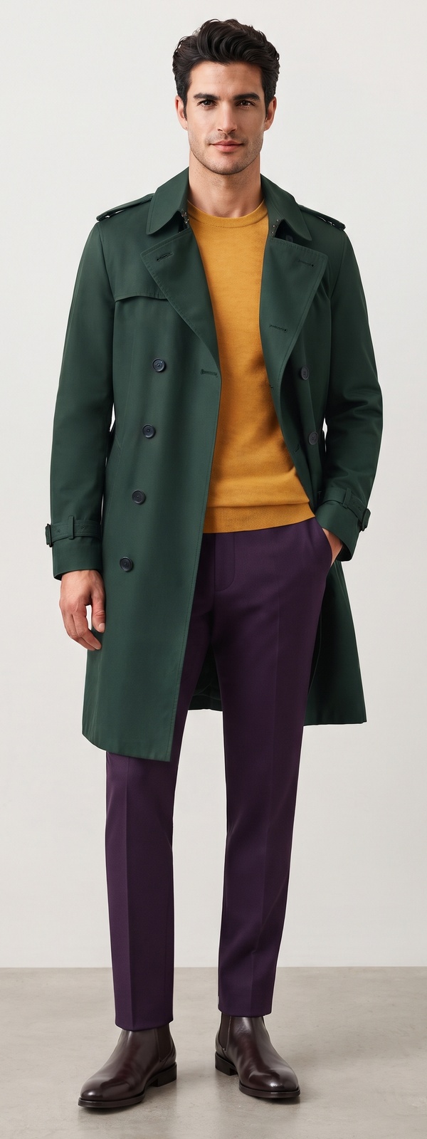 Bold Forest Green Double Breasted Trench Coat Mustard Sweater and Plum Pants Look