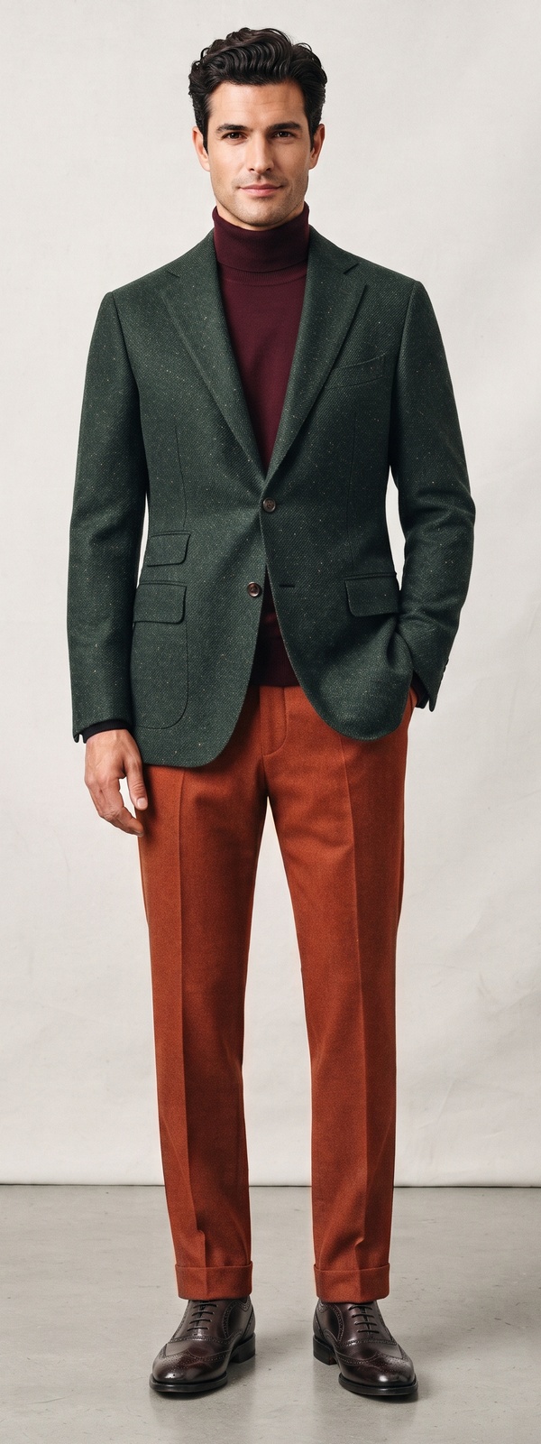 Green Tweed Blazer Burgundy Turtleneck and Rust Wool Dress Pants Look