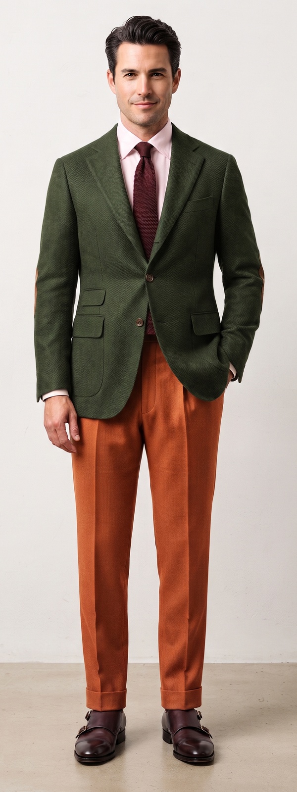Green Tweed Blazer Pink Shirt Knit Tie and Rust Dress Pants Look
