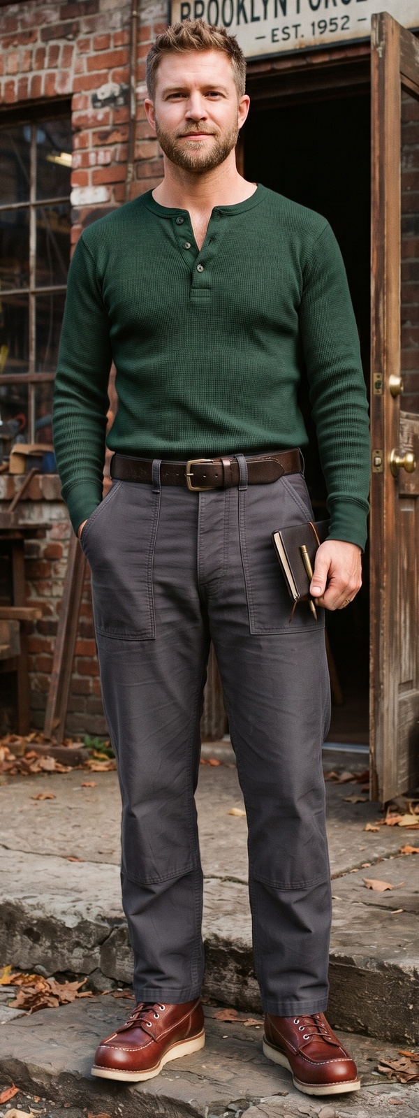 Artisanal Green Waffle Henley and Charcoal Fatigue Pants Look
