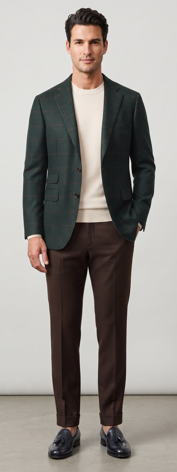 Dark Green Windowpane Blazer Cream Knit and Brown Dress Pants Look