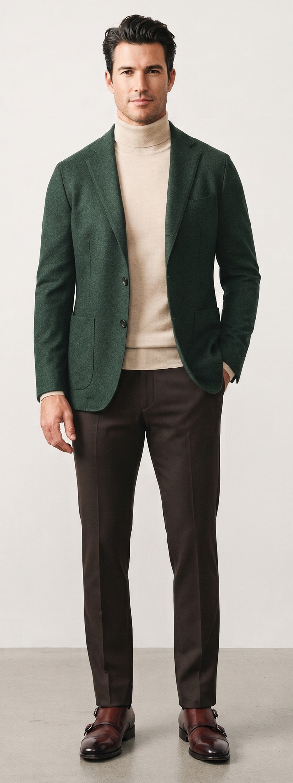 Refined Forest Green Wool Blazer Oatmeal Turtleneck and Brown Pants Look
