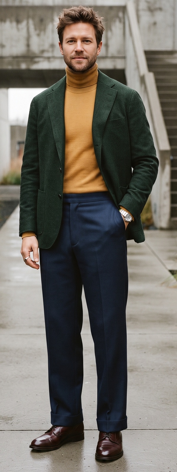 Sartorial Green Wool Blazer Mustard Turtleneck and Navy Pants Look