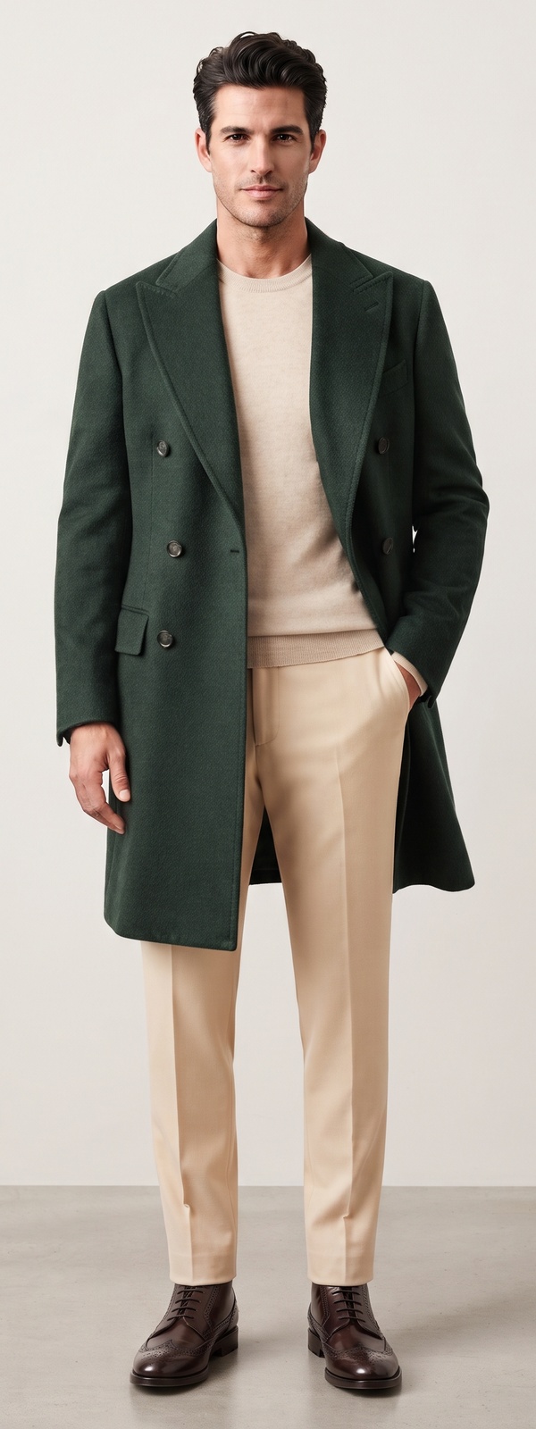 Aristocratic Forest Green Wool Double Breasted Overcoat and Cream Flannels Look