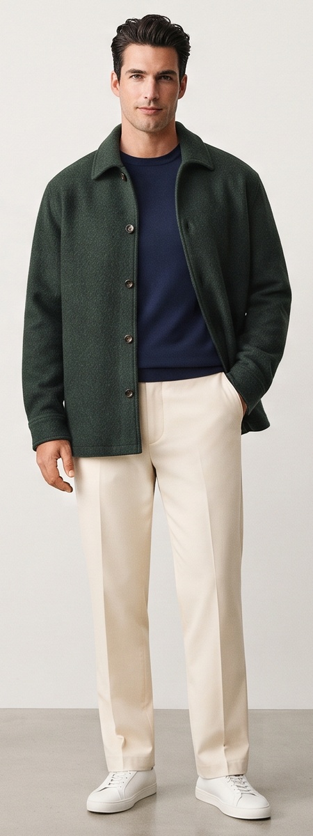 Scandinavian Forest Green Wool Overshirt Navy Sweater and Ivory Pants Look