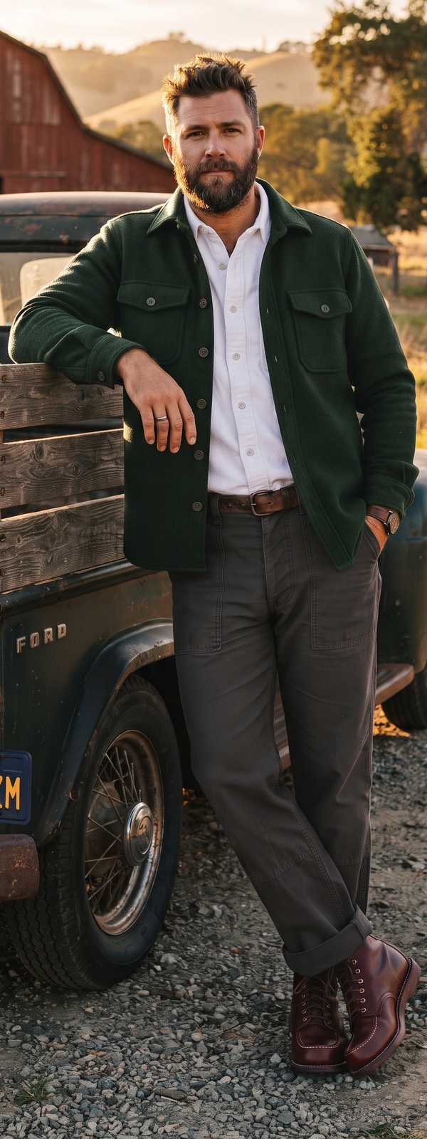 Rustic Heritage Green Wool Shirt Jacket and Charcoal Fatigue Pants Look