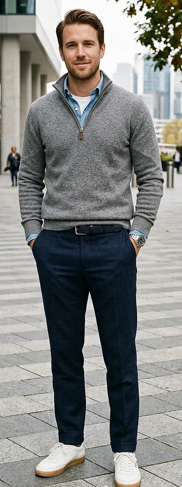 Quiet Luxury Heather Grey Cashmere Quarter-Zip and Navy Flannels Look