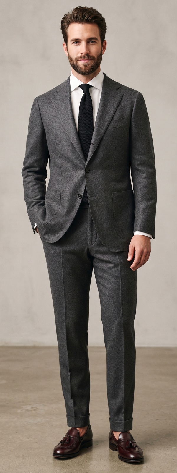 Grey Flannel Suit with White Dress Shirt and Tassel Loafers
