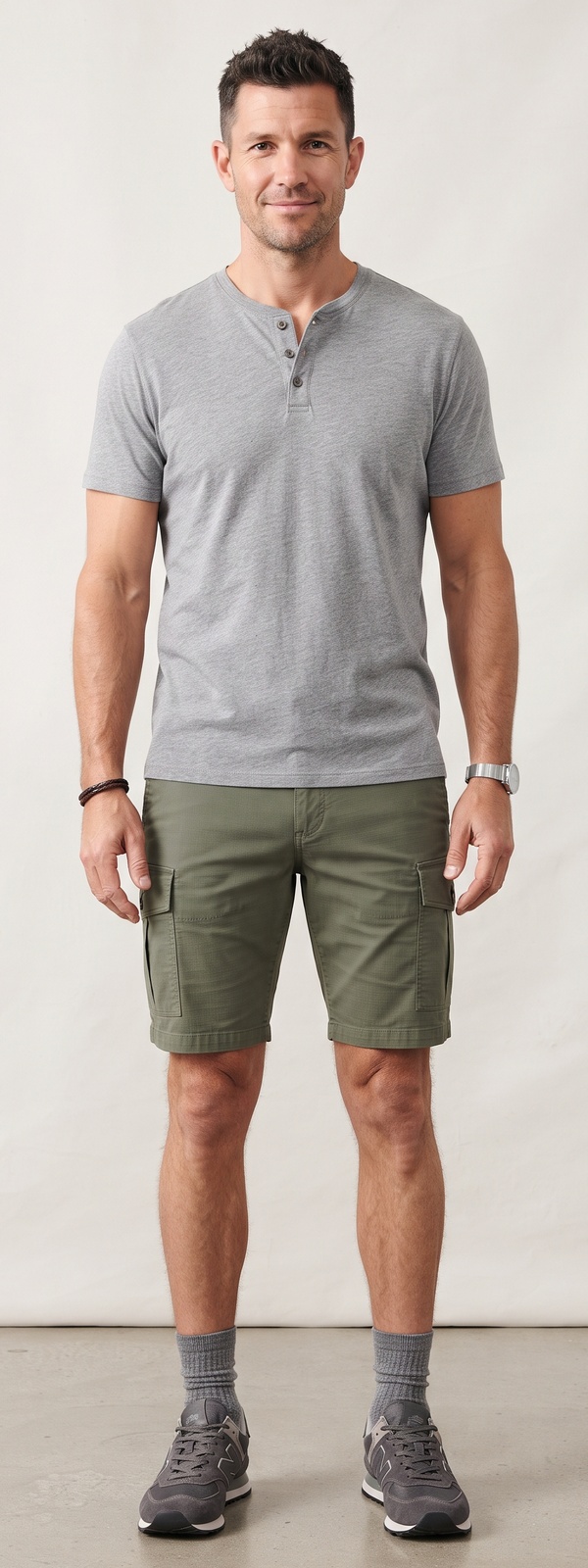 Heather Grey Henley Tee and Olive Cargo Shorts Summer Look