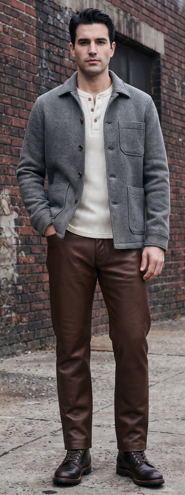 Grey Herringbone Chore Jacket with Henley and Brown Leather Pants