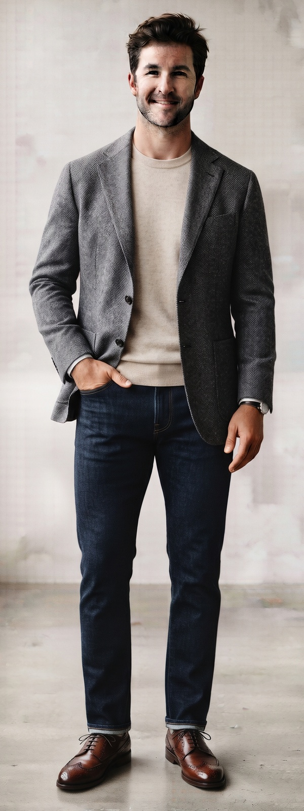 Grey Herringbone Wool Blazer with Oatmeal Crewneck Sweater and Dark Jeans