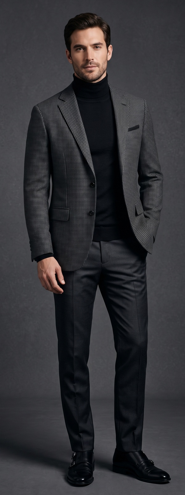 Monochrome Cocktail Attire Grey Houndstooth Blazer with Black Turtleneck and Charcoal Trousers