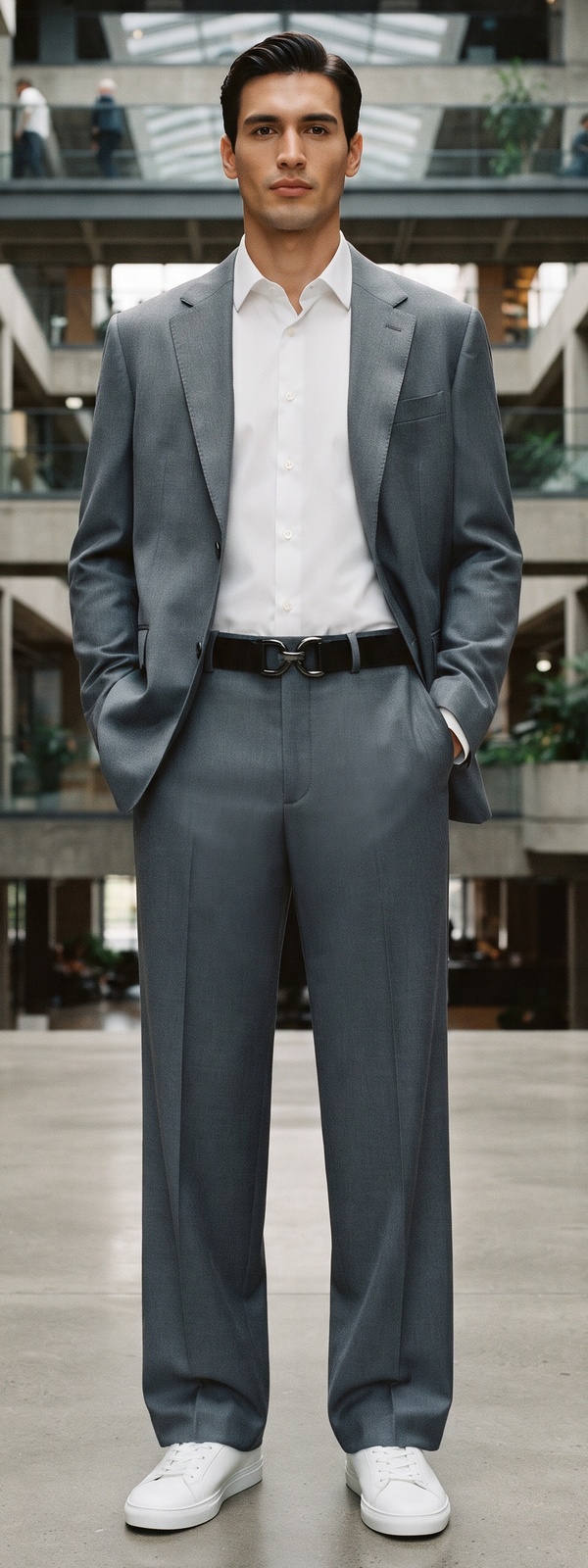 Grey Relaxed Wool Suit with White Dress Shirt and Leather Sneakers