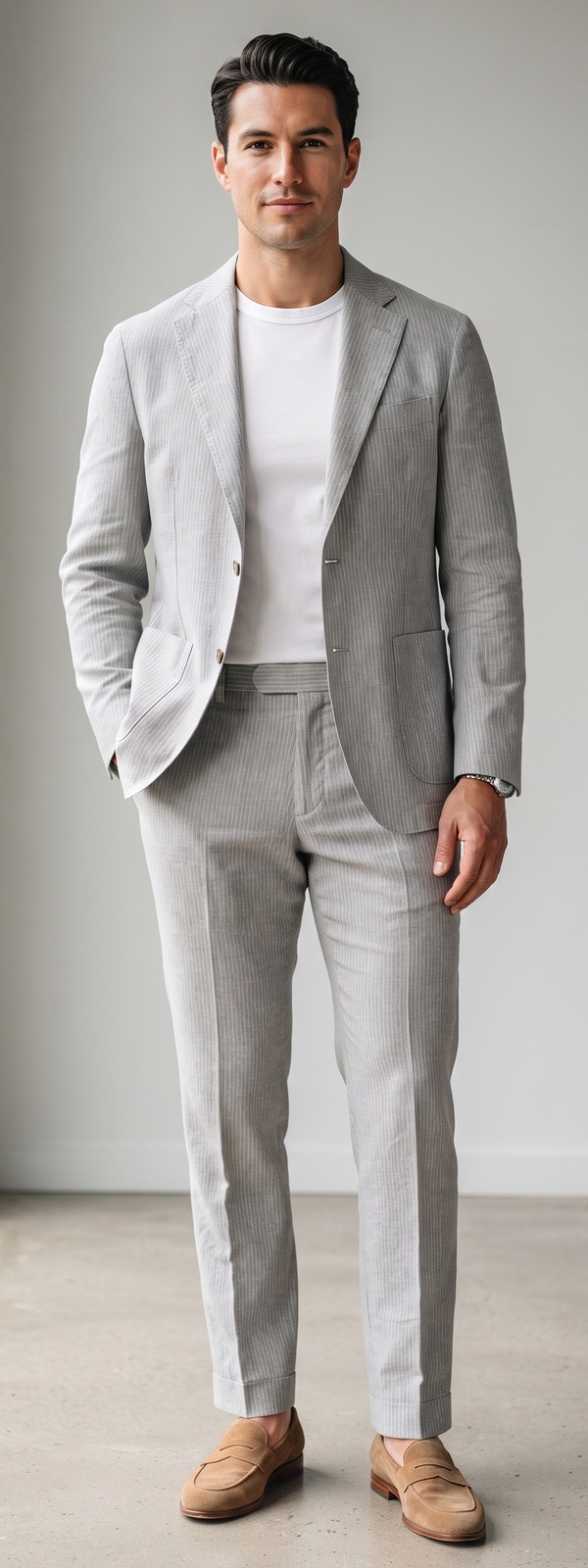 Light Grey Striped Seersucker Suit with White Tee and Tan Suede Loafers