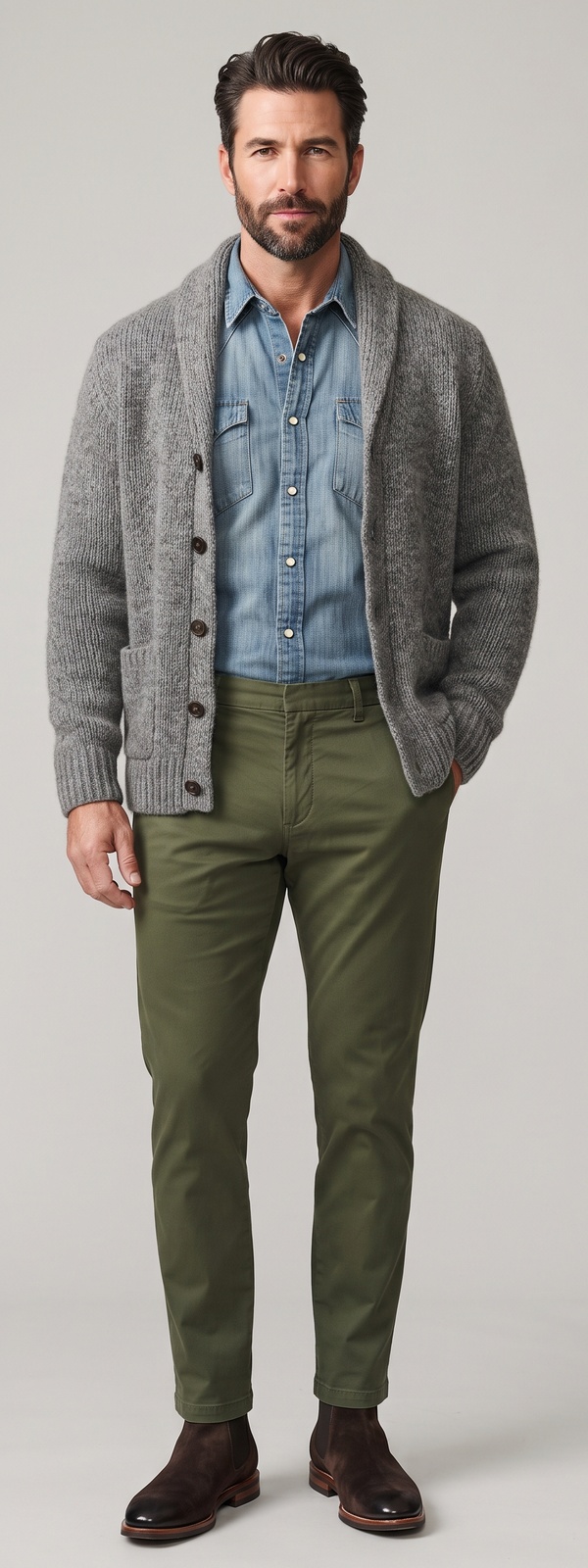 Grey Shawl Cardigan Denim Western Shirt and Olive Chino Pants Look