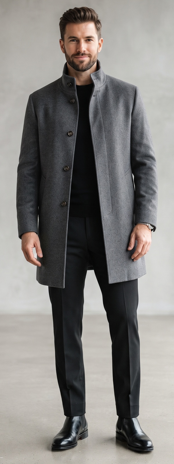 Minimalist Grey Stand Collar Wool Overcoat with Black Tapered Dress Pants