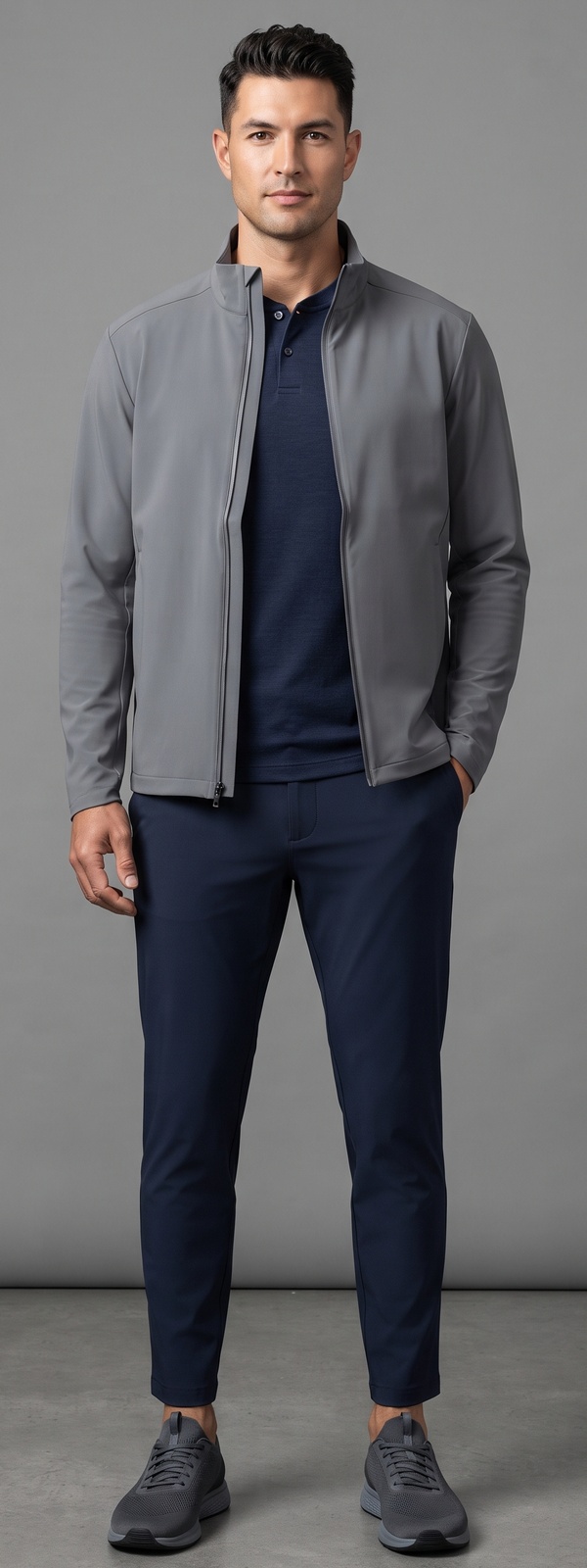 Grey Technical Softshell Jacket Navy Polo and Commuter Pants Look