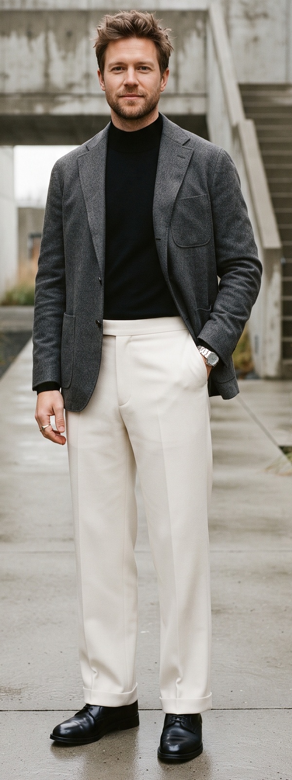 Architectural Charcoal Wool Blazer Black Turtleneck and Cream Pants Look