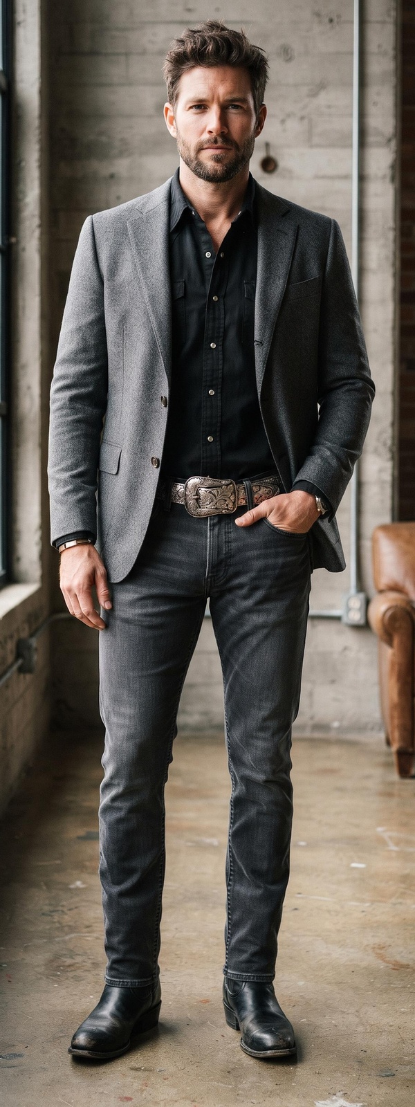 Grey Wool Blazer, Black Western Shirt and Washed Black Jeans with Western Belt