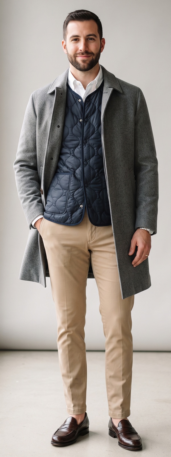 Smart Layered Grey Wool Overcoat and Navy Quilted Liner With Khaki Chinos