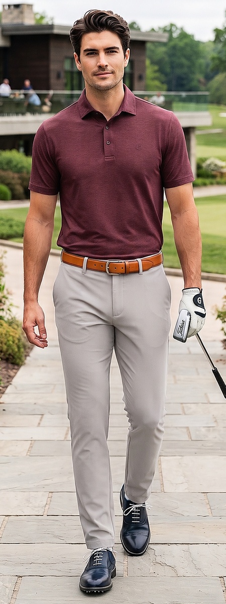 Heather Burgundy Performance Polo and Light Grey Golf Pants Look