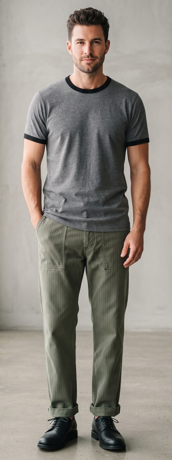 Heather Grey Ringer Tee with Olive Fatigue Pants and Derbies