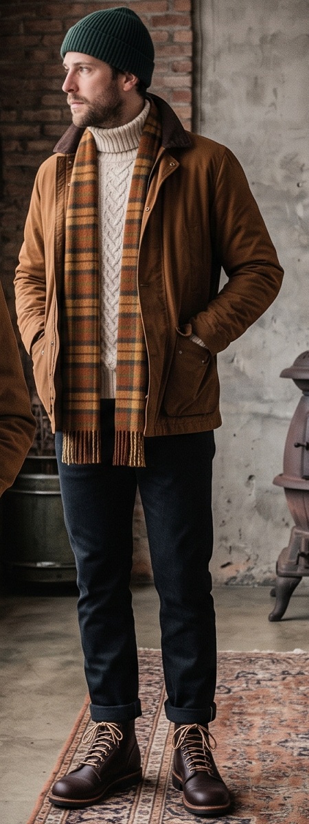Heritage Tobacco Canvas Barn Jacket with Cream Cable Turtleneck, Plaid Scarf, Selvedge Denim, and Cap-Toe Boots Outfit