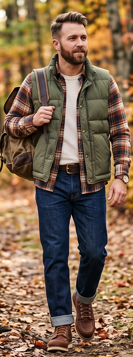 Heritage Trail Olive Quilted Puffer Vest with Plaid Flannel Shirt, Indigo Selvedge Jeans, and Moc Toe Boots Outfit
