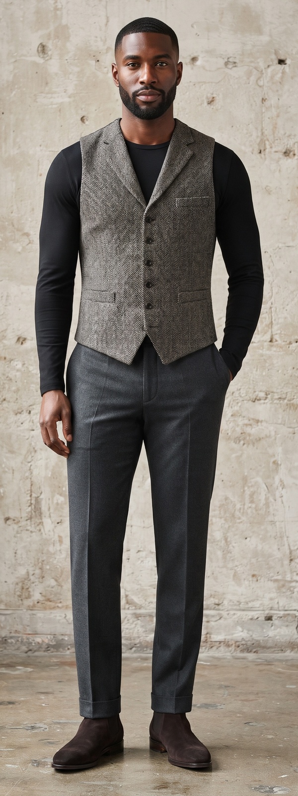 Herringbone Tweed Vest, Black Long Sleeve & Charcoal Trousers
