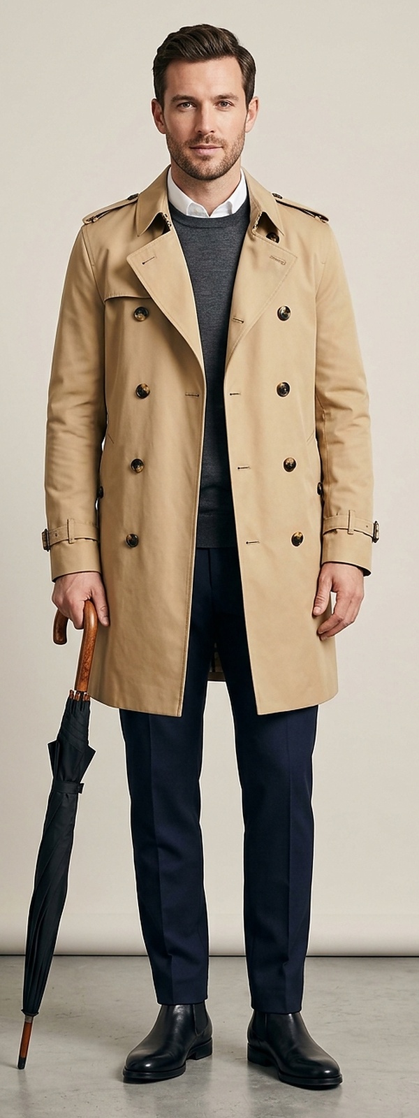 British Commuter Honey Trench Coat with Charcoal Merino Sweater and Waterproof Chelsea Boots
