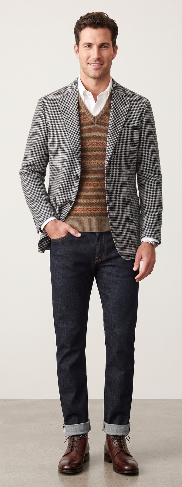 Heritage Dark Academia Houndstooth Blazer Fair Isle Knit Vest and Raw Denim Look