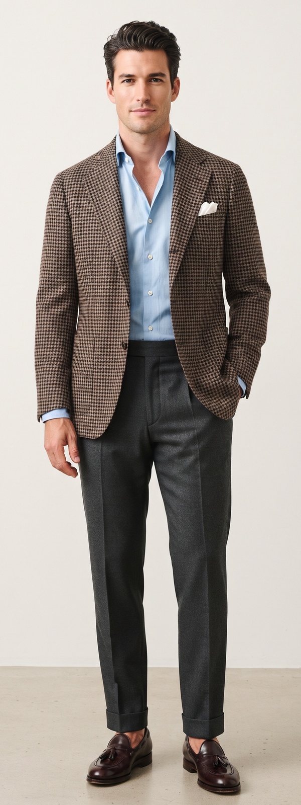 Italian Micro Houndstooth Sport Coat Sky Blue Shirt and Charcoal Flannels Look