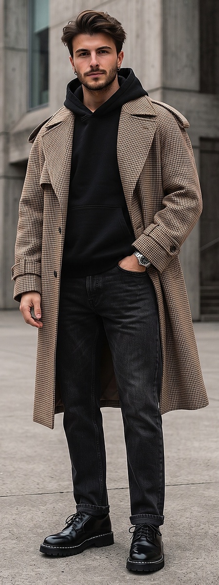 Houndstooth Trench Coat Black Hoodie and Washed Black Jeans Ensemble