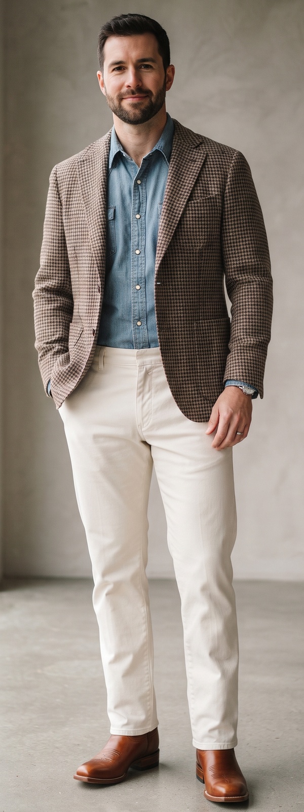 Brown Houndstooth Tweed Blazer with Denim Pearl Snap Shirt and Roper Boots