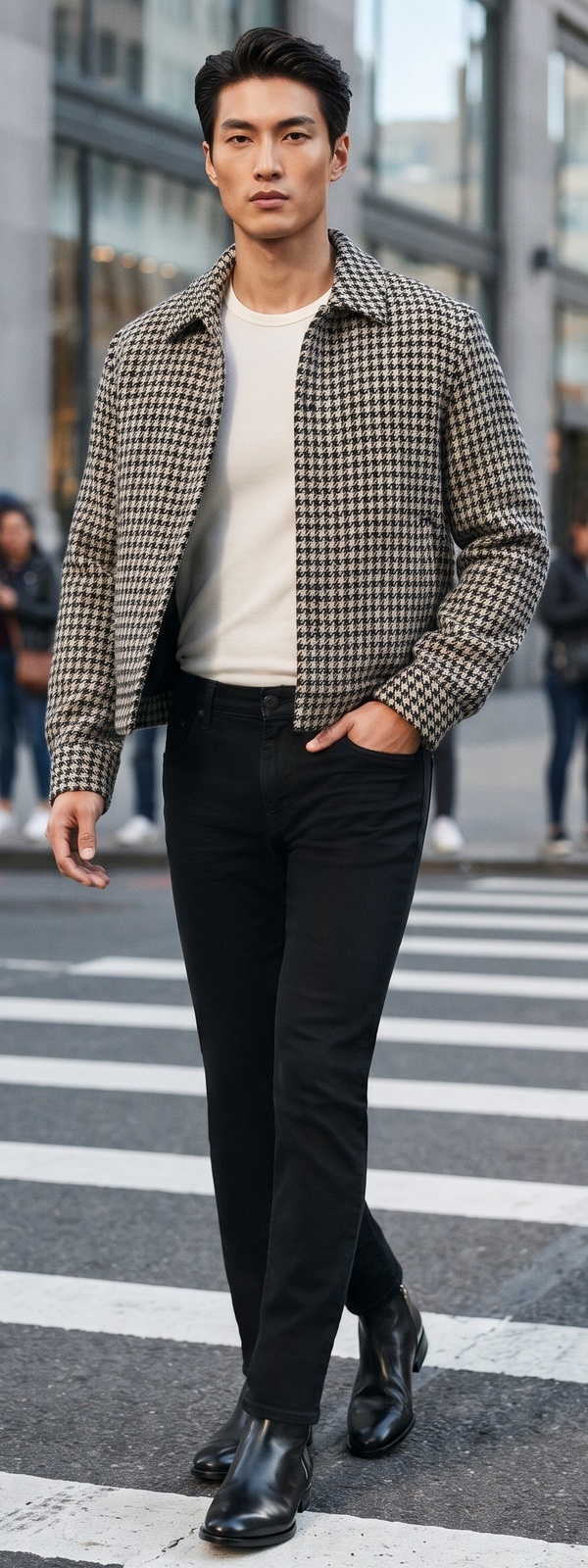 Houndstooth Wool Blouson, Off-White Crewneck, and Black Jeans