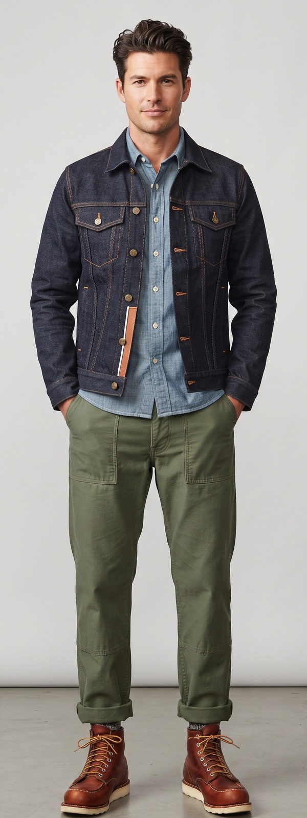 Dark Indigo Denim Jacket Chambray Shirt and Olive Green Fatigue Pants Look
