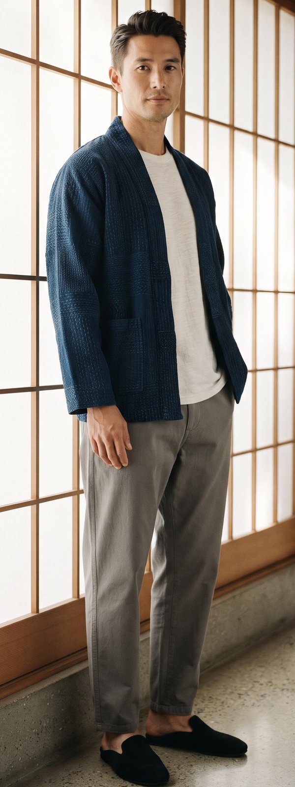 Indigo Sashiko Noragi Jacket with Off-White Tee and Grey Chino Pants