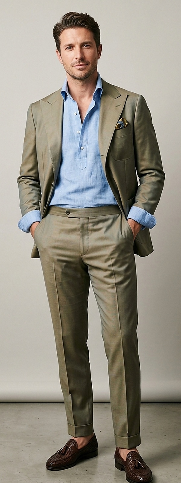 Italian Solaro Summer Suit with Light Blue Linen Popover and Woven Tassel Loafers